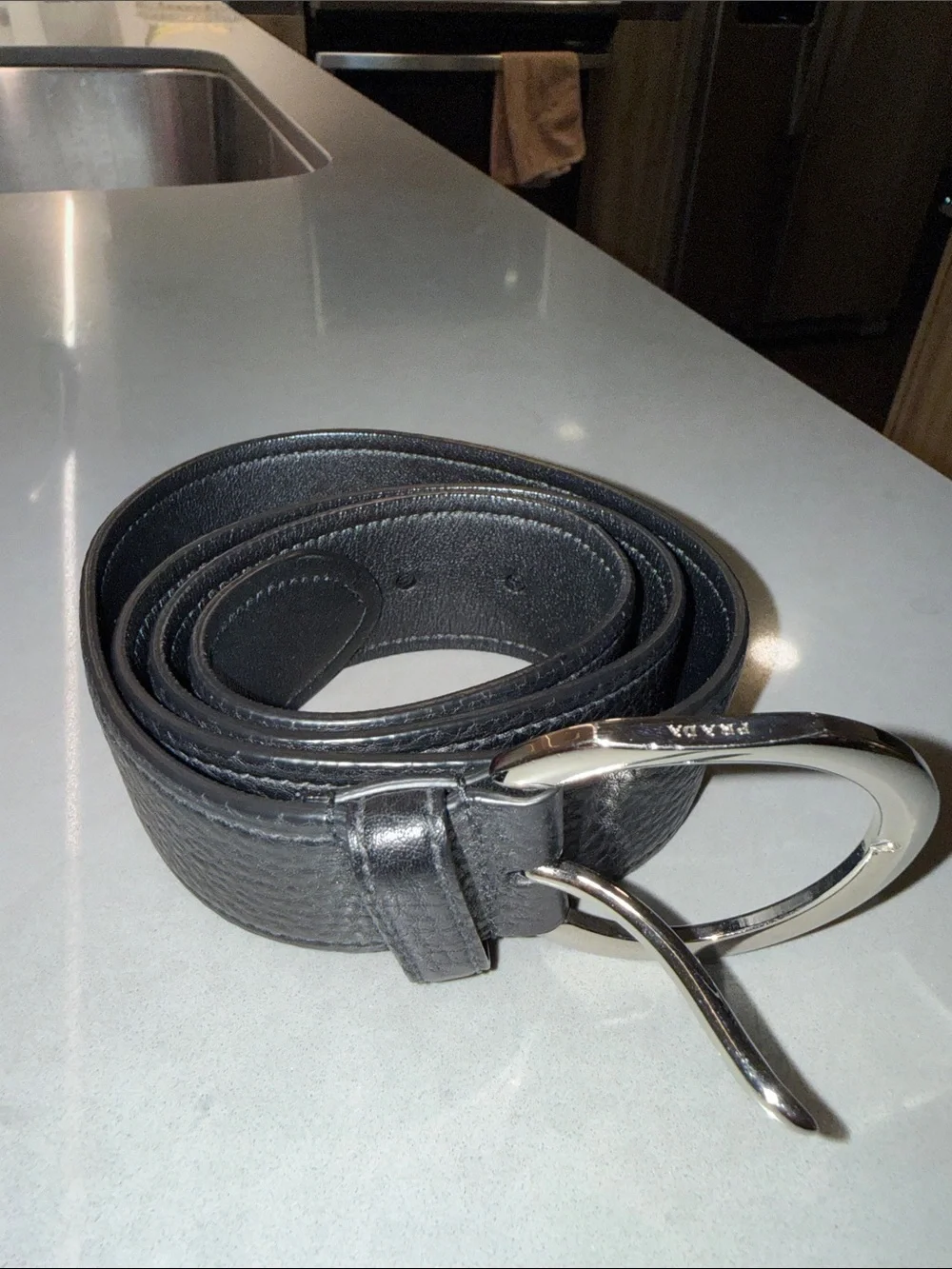 Prada Black Leather Belt with Silver O-Ring Buckle